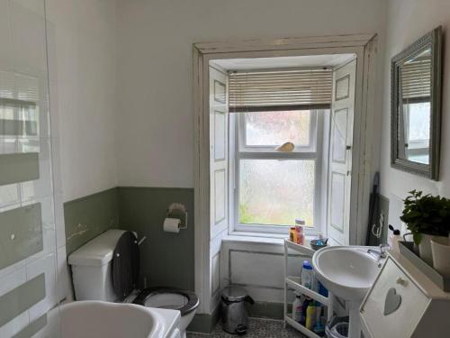 a bathroom with a sink and a toilet and a window at Charming Old Cottage for Share, Cosy Double Room with 2 Single Bed in Edinburgh