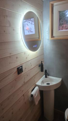 a bathroom with a sink and a tv on the wall at Tiny House chez Lili in Frémifontaine