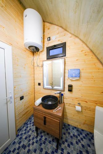 a bathroom with a sink in a wooden wall at Cottage TKESHI in Godogani
