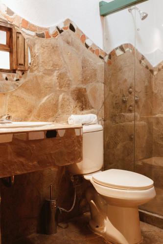 a bathroom with a toilet and a sink and a shower at Patio Guadalupe in San Cristóbal de Las Casas