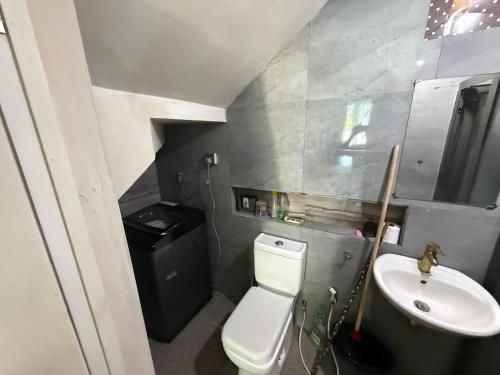 a small bathroom with a toilet and a sink at Din villa in Cap Malheureux