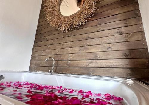 a bath tub filled with pink flower petals at Finca Hotel Tierra Verde in Girardota