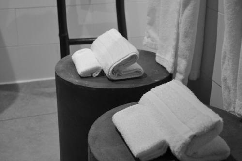 two towels sitting on a counter in a bathroom at Le Solan d'Aniathazze in Peisey-Nancroix
