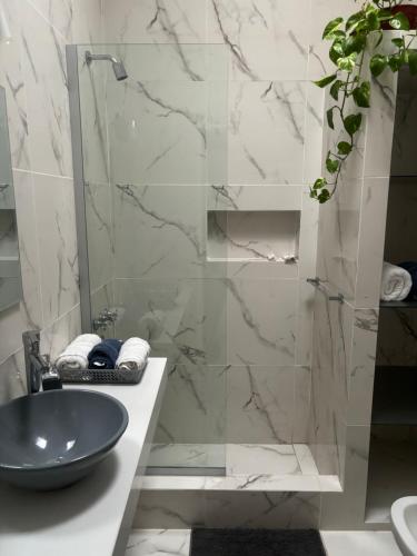 a bathroom with a sink and a glass shower at Hospedaje Adha Chivilcoy III in Chivilcoy