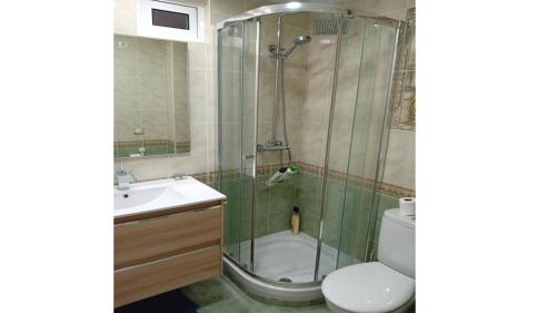 a bathroom with a shower and a toilet and a sink at Villa entre terre et mer in Montroy