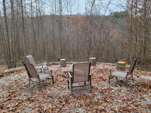 three chairs sitting in a pile of leaves at Queen of Hearts in Rockbridge