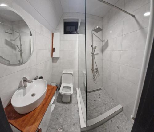 a bathroom with a toilet and a sink and a shower at kazbegi - Sno Mountain House in Sno