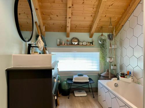 a kitchen with a sink and a tub and a sinkessment at L annexe in Saint-Jean-d'Aulps