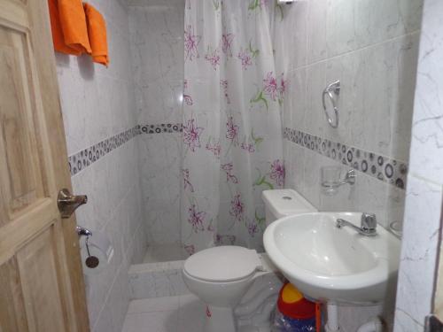 a bathroom with a toilet and a sink at Escocie - Centro Historico in Quito