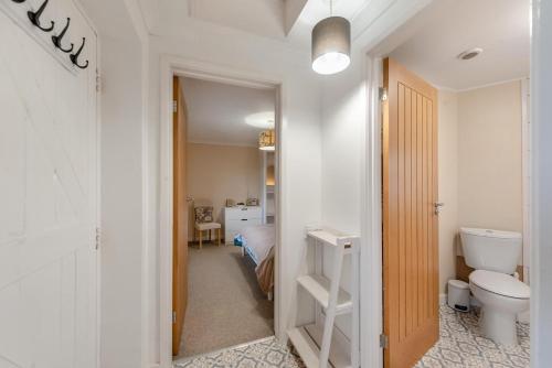 a bathroom with a toilet and a bed in a room at 1 Bed in Drefach oc-m30848 in Llanwenog