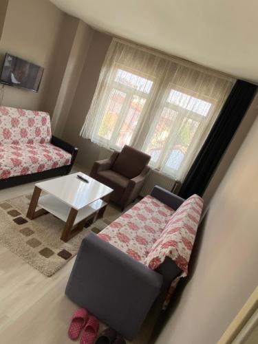 a living room with a couch and a table at TANER PANSİYoN in Edirne