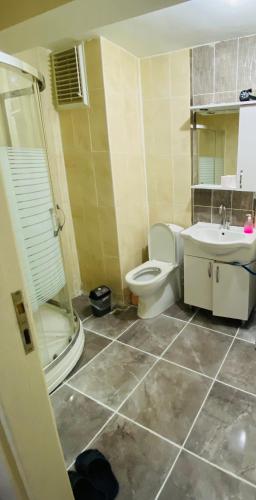 a bathroom with a toilet and a sink and a shower at TANER PANSİYoN in Edirne