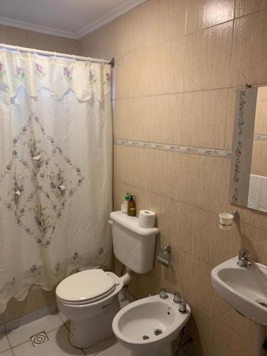 a bathroom with a toilet and a sink at Tafi Apart in Sarmiento