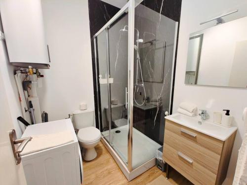 a bathroom with a shower and a toilet and a sink at L'Éclat du Miroir - AbsoluteHome in Croix