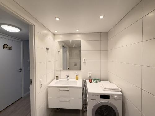 a bathroom with a sink and a washing machine at Modern brand new apartment Kongsberg in Kongsberg