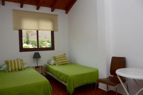 a bedroom with two green beds and a window at Casa Antonio in Valle Gran Rey
