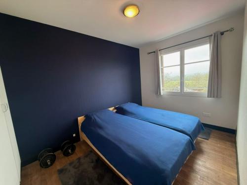 a bedroom with a bed with a blue wall at Les Hirondells in Limanton