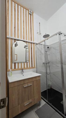 a bathroom with a sink and a shower at Cenário Catita Hostel in Lisbon