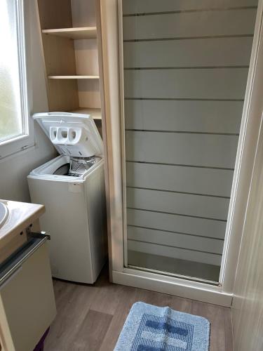 a washer and dryer in a bathroom next to a window at Mobil-home 1 in Quimper
