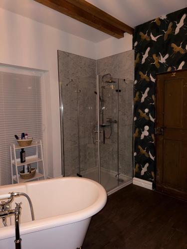 a bathroom with a bath tub and a shower at Deluxe Loft in Bad Kissingen
