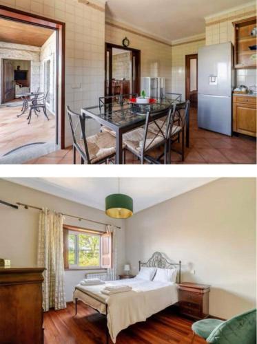 a kitchen and a living room with a bed and a table at CASA CAMPO DA FEIRA in Felgueiras