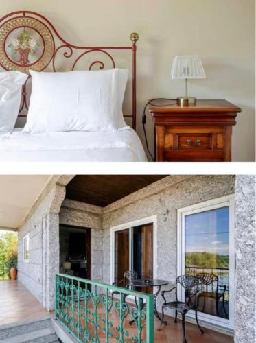 a bedroom with a bed and a balcony with a table at CASA CAMPO DA FEIRA in Felgueiras