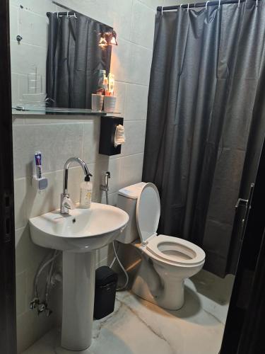 a bathroom with a sink and a toilet and a shower at Malaga palace in Soûr