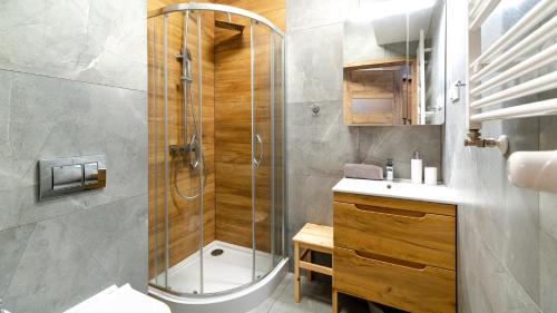 a bathroom with a shower and a sink at Apartamenty Ewa in Karpacz