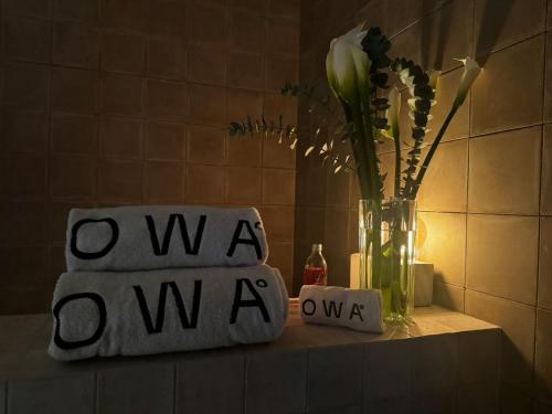 a shelf with some towels and a vase with flowers at OWA Wellness Center in Mexico City