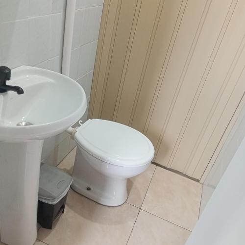 a bathroom with a white toilet and a sink at Microcasa na região do lago in Cascavel