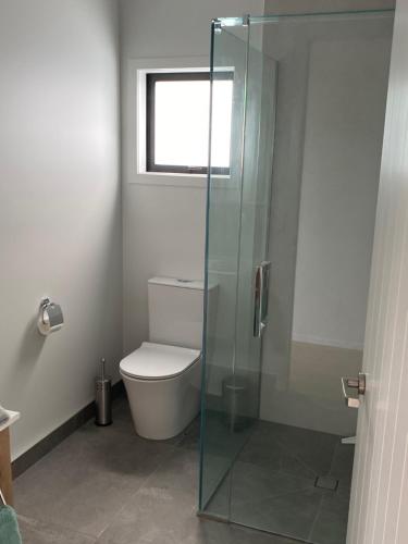 a bathroom with a toilet and a glass shower at Pitokuku House in Medlands