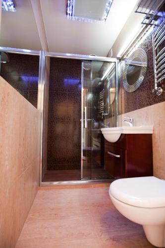 a bathroom with a shower and a toilet and a sink at M Hotel Sosnowiec in Sosnowiec