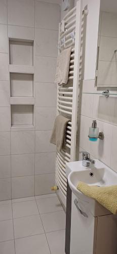 a white bathroom with a sink and a shower at Hauptstraße 19 in Zachenberg