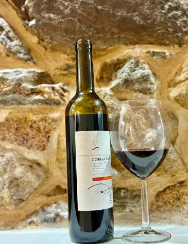 a bottle of red wine next to a glass at Cantinho D` Alice in Armamar
