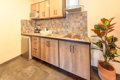 a kitchen with a sink and a tile wall at Rau Departamentos in Guadalajara