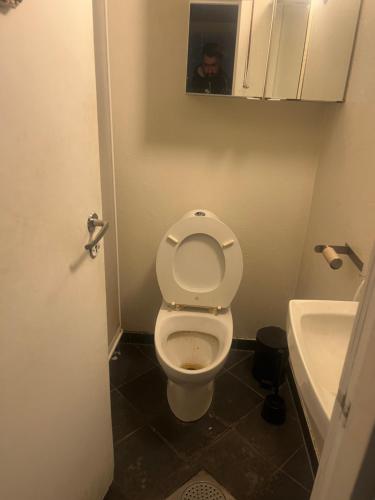 a bathroom with a white toilet and a sink at Hanaborg Appartments in Lorenskog