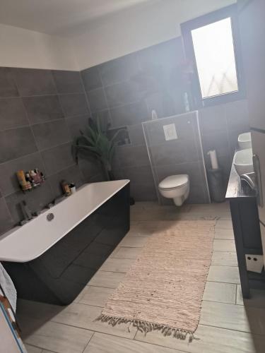 a bathroom with a bath tub and a toilet at Jolie villa in Piolenc