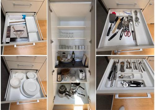 four different views of an open kitchen drawer at Waterfront Retreat on the foreshore of Queen Charlotte Sound in Picton