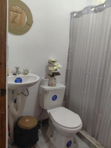 a bathroom with a toilet and a sink at Inmoexito Eco Tours in Upala