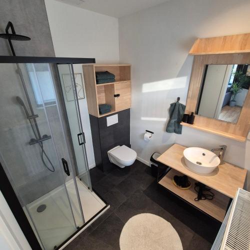 a bathroom with a shower and a toilet and a sink at Orient Herent - Boetiekhotel in Herent
