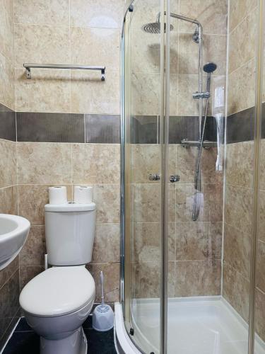 a bathroom with a toilet and a shower at Park City Rooms in Manchester