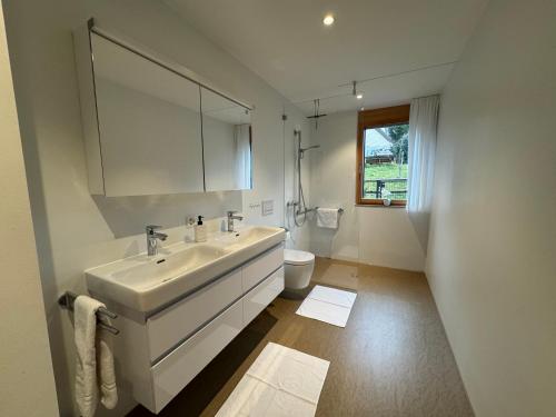 a white bathroom with a sink and a toilet at Arenenberg-Panorama in Salenstein