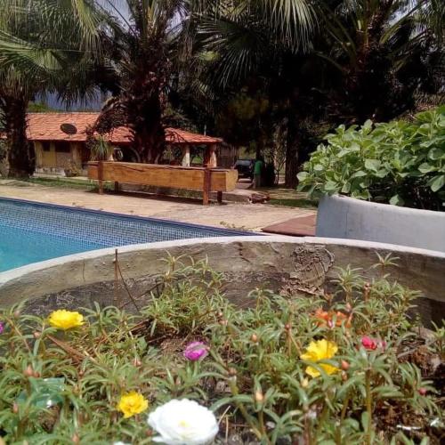 a garden with flowers next to a swimming pool at Rancho Nobre Produções TEMPORADA MOTO GP GOIÂNIA 5min, autódromo in Senador Canedo