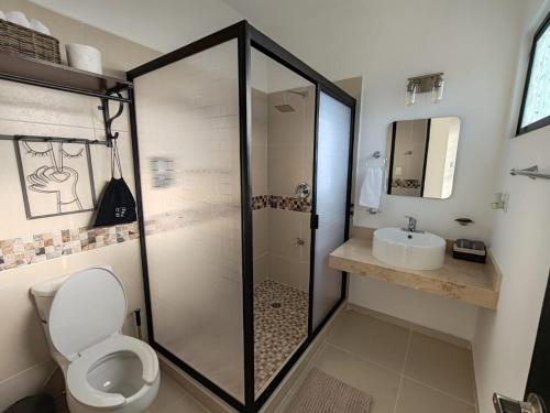a bathroom with a shower and a toilet and a sink at Casa Havana Mid in Mérida