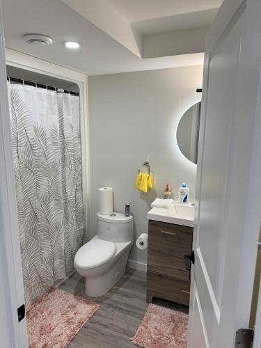 a bathroom with a toilet and a shower at Urban Haven Suite in Winnipeg