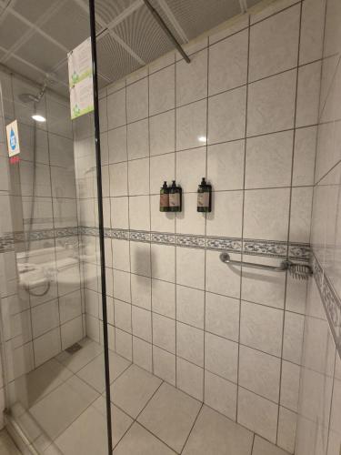 a bathroom with a shower and a toilet at Kadıköy Rıhtım Hotel in Istanbul