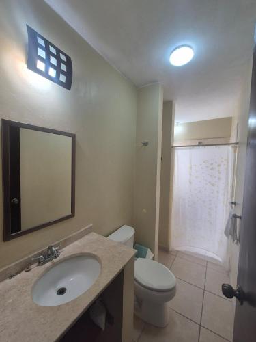 a bathroom with a sink and a toilet and a mirror at Amplio depto en el corazón comercial de Boca in Veracruz