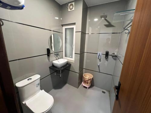 a bathroom with a toilet and a sink and a mirror at Hotel Royal Dot, Haridwar in Haridwār