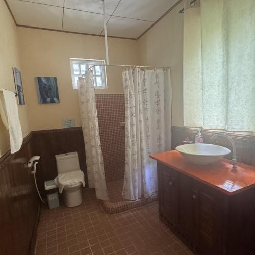 a bathroom with a sink and a shower and a toilet at ZHANG RESORT and DIVE CENTER in Daanbantayan