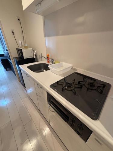 a kitchen with a stove and a sink at Lion Heiwa Odori in Hiroshima